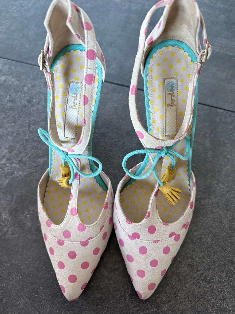 Boden Pink Polka Dot Pointed-Toe Ankle Strap Heels with Turquoise Bow. Worn once